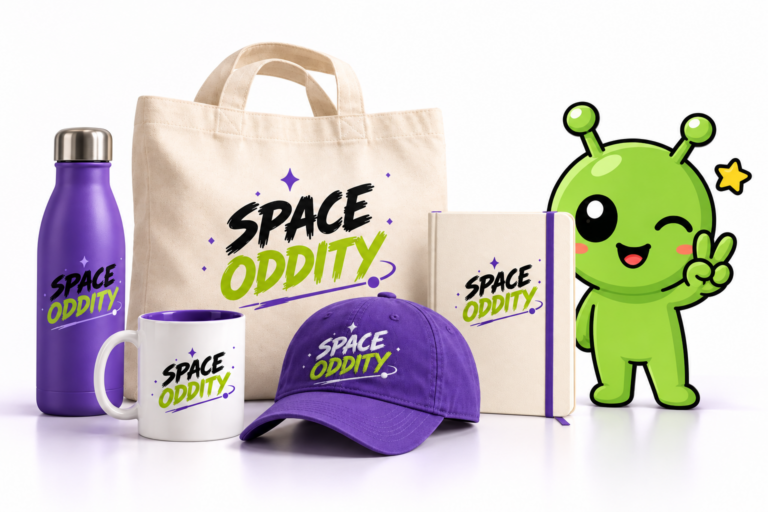 Collection Space Oddity — tote bag, gourde, mug, casquette et carnet avec Milo
